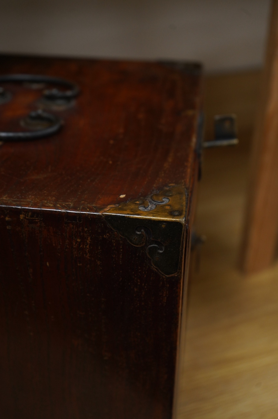 A 19th century Chinese elm scholar's seal cabinet with key, 31cm high. Condition - fair